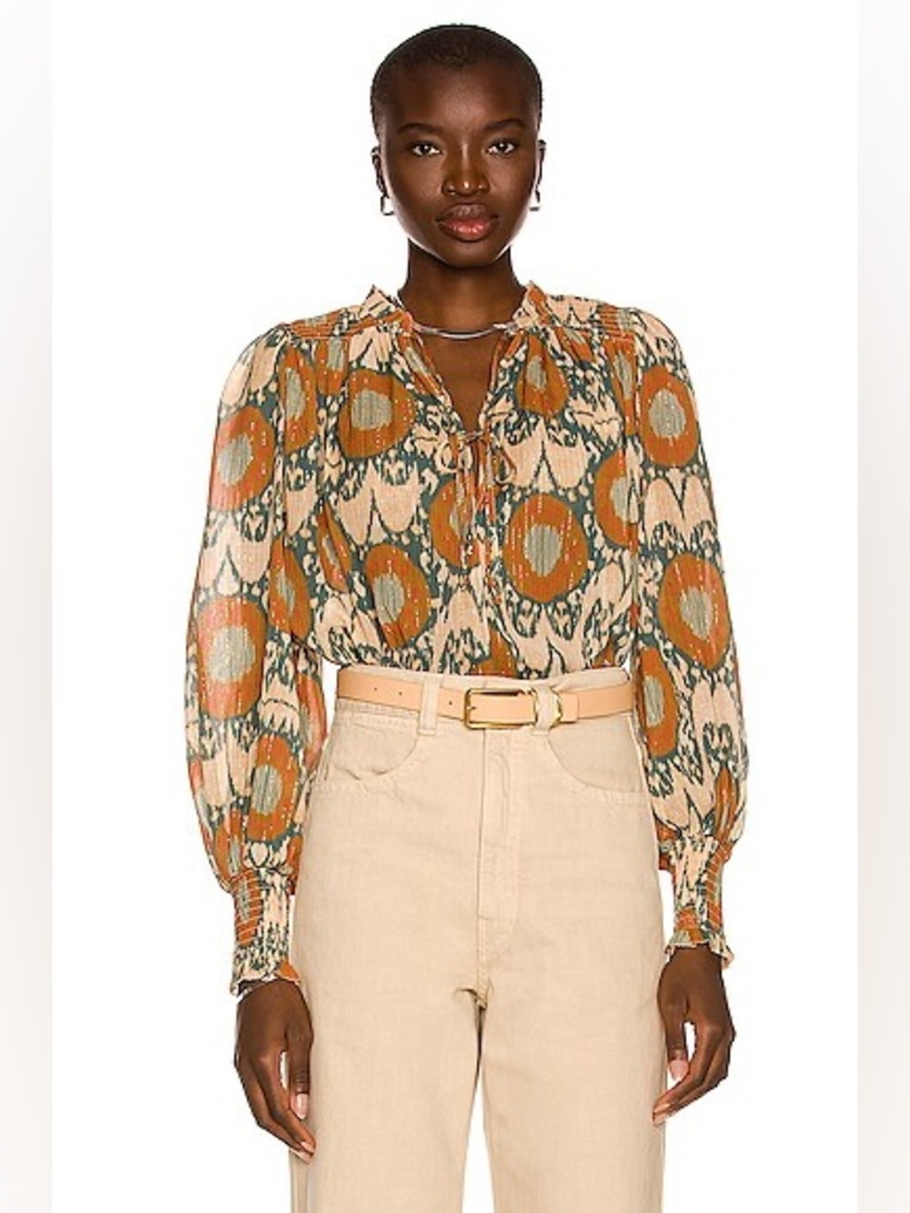 Ulla Johnson 4 Anita Nimbus Blouse Beige & Rust Printed Tie-Neck